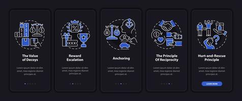 Neuroscience rules onboarding mobile app page screen. Reward and anchoring bias walkthrough 5 steps graphic instructions with concepts. UI, UX, GUI vector template with linear night mode illustrations