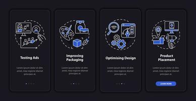 pantalla de la página de la aplicación móvil de incorporación de la utilización de la neurociencia. mejora del tutorial de empaque 4 pasos instrucciones gráficas con conceptos. ui, ux, plantilla vectorial gui con ilustraciones lineales en modo nocturno vector