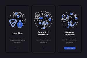 Internal growth perks dark onboarding mobile app page screen. Walkthrough 3 steps graphic instructions with concepts. UI, UX, GUI vector template with linear night mode mode illustrations