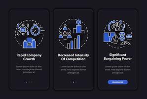 el crecimiento externo beneficia la pantalla de la página de la aplicación móvil de incorporación oscura. tutorial 3 pasos instrucciones gráficas con conceptos. ui, ux, plantilla de vector gui con ilustraciones de modo nocturno lineal