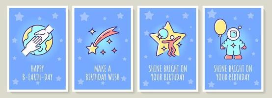 Happy cosmic birthday greeting card with color icon element set. Make birthday wish. Postcard vector design. Decorative flyer with creative illustration. Notecard with congratulatory message