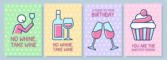 Food lovers greeting card with color icon element set. Drinking wine. Sweet person. Postcard vector design. Decorative flyer with creative illustration. Notecard with congratulatory message