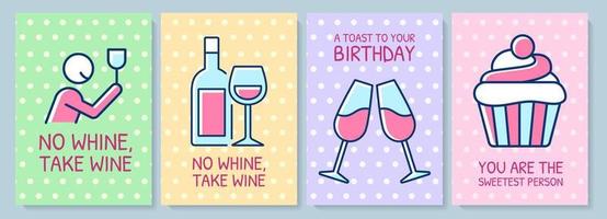 tarjeta de felicitación de los amantes de la comida con conjunto de elementos de icono de color. bebiendo vino. persona dulce. diseño vectorial de postal. volante decorativo con ilustración creativa. notecard con mensaje de felicitación vector