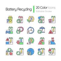 Battery recycling RGB color icons set. Discharged accumulator reuse. Electronic waste processing. Ecological activity. Isolated vector illustrations. Simple filled line drawings collection
