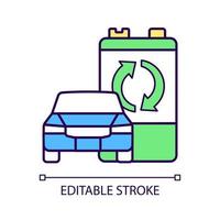 Recyclable EV battery RGB color icon. Electric vehicle accumulator reuse. Hybrid car battery material recovery. Waste processing. Isolated vector illustration. Simple filled line drawing