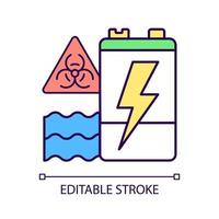 Battery water contamination threat RGB color icon. Hazardous chemicals and acids leak. Groundwater and soil pollution. Ecosystem harm. Isolated vector illustration. Simple filled line drawing