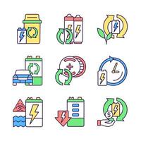 Battery processing RGB color icons set. Accumulators and energy cells reuse. Recycling technology. E-waste correct disposal. Isolated vector illustrations. Simple filled line drawings collection