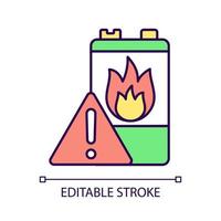 Battery flammability RGB color icon. Accumulator flash point. Thermal runaway danger. Energy cell high temperature. Fire start risk. Isolated vector illustration. Simple filled line drawing