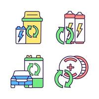Recyclable battery types RGB color icons set. Lithium-ion battery recycling. Car accumulator reuse. Disposal container. Isolated vector illustrations. Simple filled line drawings collection