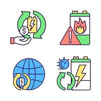 Recycling world industry RGB color icons set. Make money on used batteries. E-waste processing rate. Accumulator flammability. Isolated vector illustrations. Simple filled line drawings collection