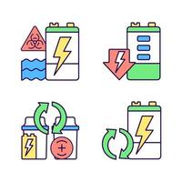 Battery reuse RGB color icons set. Prevent environment contamination. Electrical waste recycling station. Discharged accumulator. Isolated vector illustrations. Simple filled line drawings collection