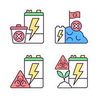 Improper battery disposal RGB color icons set. E-waste prohibited landfill. Environment pollution. Accumulator toxicity and harm. Isolated vector illustrations. Simple filled line drawings collection