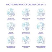 Protecting privacy online concept icons set. Personal data safety online idea thin line color illustrations. Tips to save information from hackers. Vector isolated outline drawings