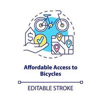 Affordable access to bicycles concept icon. Bike sharing goal abstract idea thin line illustration. Accessible option. Equitable vehicle sharing. Vector isolated outline color drawing. Editable stroke