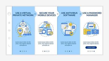 Plantilla vectorial de incorporación de consejos de seguridad para navegar por Internet. sitio web móvil sensible con iconos. Pantallas de cuatro pasos del tutorial de la página web. concepto de color de protección de datos con ilustraciones lineales vector