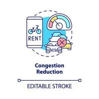 icono del concepto de reducción de la congestión. bicicleta compartir meta idea abstracta ilustración de línea delgada. reduciendo el atasco de tráfico. evitando atascos de automóviles. dibujo de color de contorno aislado vectorial. trazo editable vector