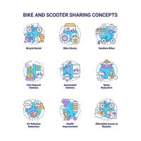 conjunto de iconos de concepto para compartir bicicletas y scooters. opción de transporte verde idea ilustraciones en color de línea delgada. alquiler de bicicletas. reducción de ruido. dibujos de contorno aislados vectoriales. trazo editable