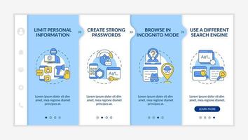 Protecting privacy online onboarding vector template. Responsive mobile website with icons. Web page walkthrough four step screens. Data safety color concept with linear illustrations