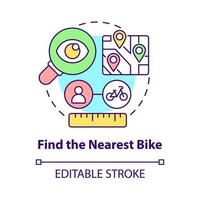 Find nearest bike concept icon. Bike sharing usage abstract idea thin line illustration. Detecting closest location with e-bicycles. Vector isolated outline color drawing. Editable stroke