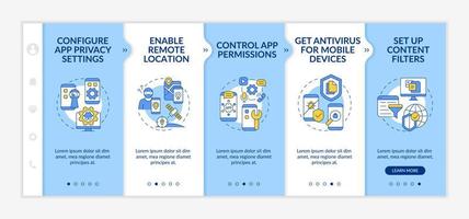 Apps privacy setting configuration onboarding vector template. Responsive mobile website with icons. Web page walkthrough five step screens. Data safe color concept with linear illustrations