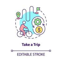 Take trip concept icon. Bicycle sharing usage abstract idea thin line illustration. E-bike tour. Transportation with rented electronic bike. Vector isolated outline color drawing. Editable stroke