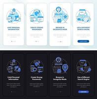 Cyber safety tips onboarding mobile app page screen. Data protection walkthrough eight four graphic instructions with concepts. UI, UX, GUI vector template with linear night and day mode illustrations