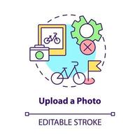 Upload photo concept icon. Bike sharing usage abstract idea thin line illustration. Taking picture about bicycle condition. Bike damages absence. Vector isolated outline color drawing. Editable stroke