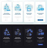 Privacy protection tips onboarding mobile app page screen. Safety walkthrough four steps graphic instructions with concepts. UI, UX, GUI vector template with linear night and day mode illustrations