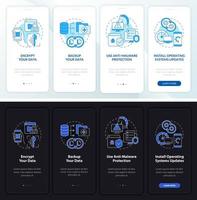 Web safety tips onboarding mobile app page screen. Data protection walkthrough four steps graphic instructions with concepts. UI, UX, GUI vector template with linear night and day mode illustrations