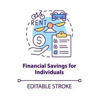 Financial savings for individuals concept icon. Bike sharing benefit abstract idea thin line illustration. Using e-bicycle instead car. Vector isolated outline color drawing. Editable stroke