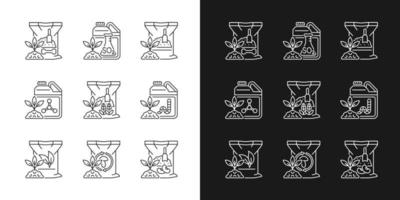 Natural fertilizers linear icons set for dark and light mode. Organic additives for ground and plants. Customizable thin line symbols. Isolated vector outline illustrations. Editable stroke