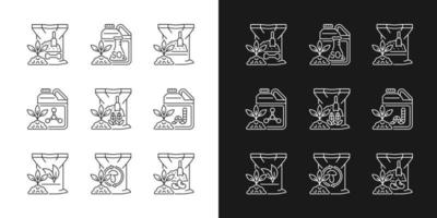 iconos lineales de fertilizantes naturales establecidos para modo oscuro y claro. aditivos orgánicos para suelos y plantas. símbolos de línea fina personalizables. ilustraciones aisladas de contorno vectorial. trazo editable vector