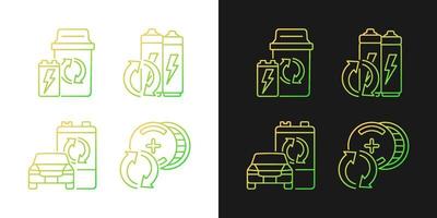 Recyclable battery types gradient icons set for dark and light mode. Car accumulator reuse. Thin line contour symbols bundle. Isolated vector outline illustrations collection on black and white