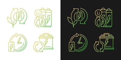 Eco battery disposal gradient icons set for dark and light mode. Used accumulator recycling. Thin line contour symbols bundle. Isolated vector outline illustrations collection on black and white