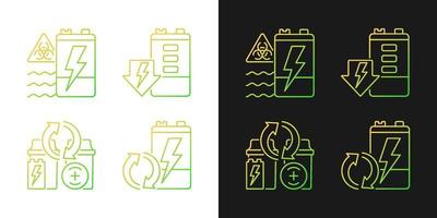 Battery reuse gradient icons set for dark and light mode. Prevent environment contamination. Thin line contour symbols bundle. Isolated vector outline illustrations collection on black and white