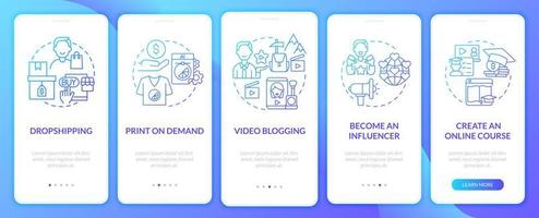 Ways to generate money online onboarding mobile app page screen. Become influencer walkthrough 5 steps graphic instructions with concepts. UI, UX, GUI vector template with linear color illustrations