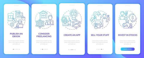 Money making ways onboarding mobile app page screen. Investment in stocks walkthrough 5 steps graphic instructions with concepts. UI, UX, GUI vector template with linear color illustrations