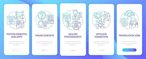 Online profitmaking onboarding mobile app page screen. Selling photography walkthrough 5 steps graphic instructions with concepts. UI, UX, GUI vector template with linear color illustrations