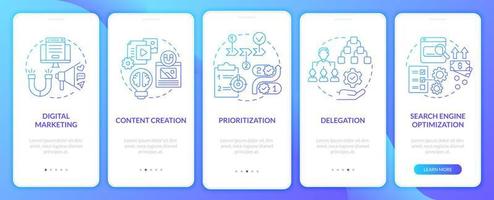 Entrepreneurial skills onboarding mobile app page screen. Delegation and SEO walkthrough 5 steps graphic instructions with concepts. UI, UX, GUI vector template with linear color illustrations