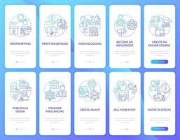 Making extra income online onboarding mobile app page screen set. Video blogging walkthrough 5 steps graphic instructions with concepts. UI, UX, GUI vector template with linear color illustrations
