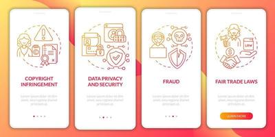 Digital entrepreneurship risks onboarding mobile app page screen. Copyright law walkthrough 4 steps graphic instructions with concepts. UI, UX, GUI vector template with linear color illustrations