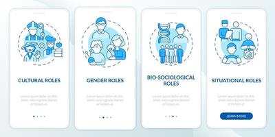 Social position blue onboarding mobile app page screen. Cultural role walkthrough 4 steps graphic instructions with concepts. UI, UX, GUI vector template with linear color illustrations