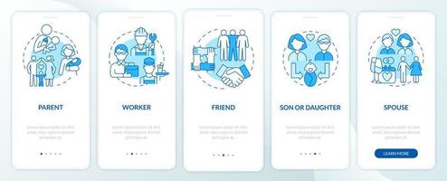 Social function example blue onboarding mobile app page screen. Role in community walkthrough 4 steps graphic instructions with concepts. UI, UX, GUI vector template with linear color illustrations