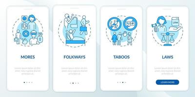 Moral norms example onboarding mobile app page screen. Social rules in community walkthrough 4 steps graphic instructions with concepts. UI, UX, GUI vector template with linear color illustrations