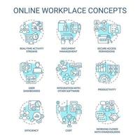 Online workplace turquoise concept icons set vector