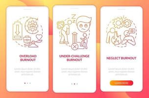 Types of burnout red gradient onboarding mobile app screen vector