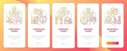 Types of toxic leaders red gradient onboarding mobile app screen vector