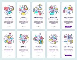 Healthcare management issues onboarding mobile app screen set vector