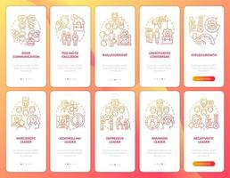 Toxic work environment red gradient onboarding mobile app screen set vector