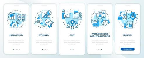 Advantages of online collaboration blue onboarding mobile app screen vector